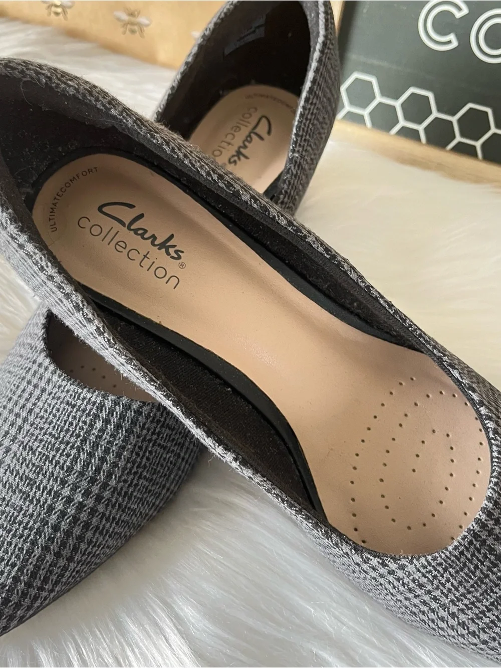 Clarks Collection Block Heel Pumps-Teresa Step-Black Plaid Size 8 W